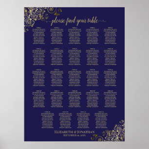 24 Tabel Gold Navy Blue Chic Wedding Seating Chart Poster