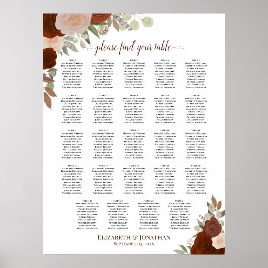 24 Tabel Oranje Herfst Floral Wedding Seating Char Poster (Voorkant)