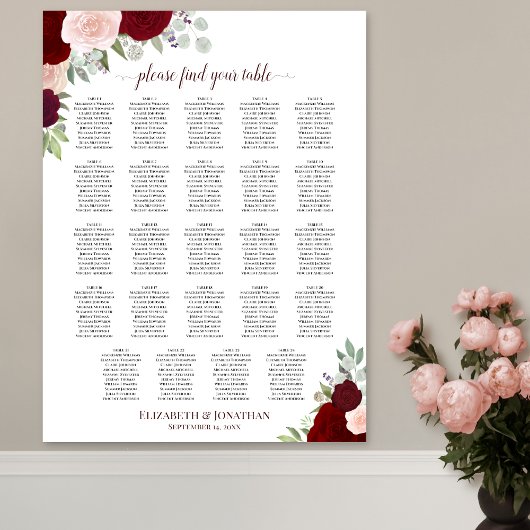 24 Tabel Rood en roze Floral Wedding Seating Chart Poster