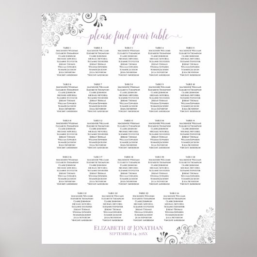 24 Tabel White Lavender Chic Wedding Seating Chart Poster (Voorkant)