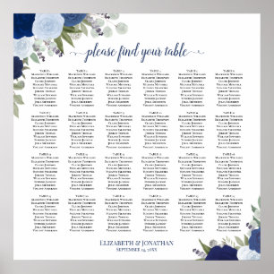 24 Tafel Elegante Blauwe Rozen Trouw Zittijd Chart Poster