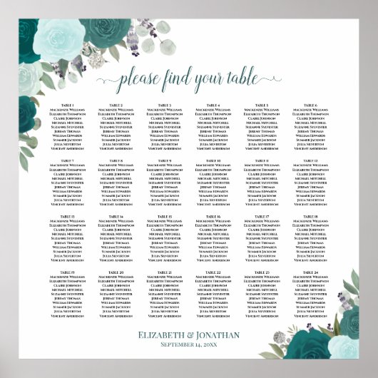 24 Tafel Elegante Turquoise Rozen Trouw Stoelen Pl Poster (Voorkant)