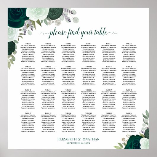 24 Tafel Emerald Boho Rozen Trouw Zittijd Chart Poster (Voorkant)