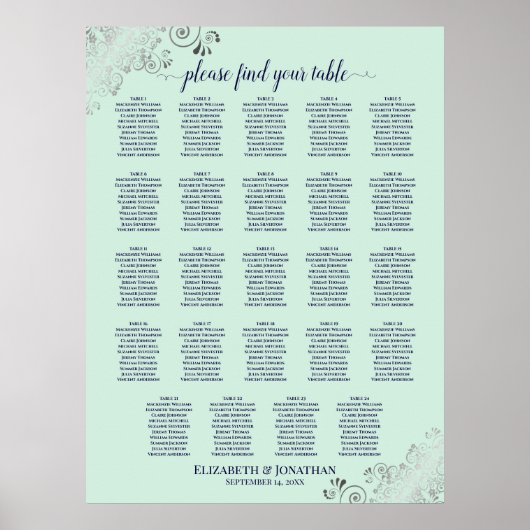 24 Tafel MInt Groene & Navy Wedding Seating Chart Poster (Voorkant)