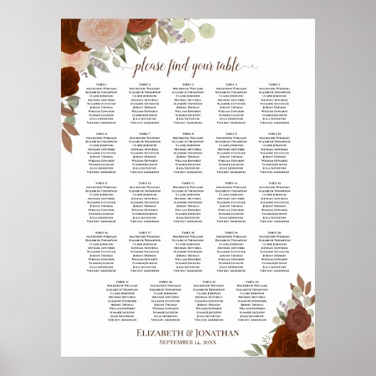 24 Tafel Oranje Herfst Bloem Bruiloft Zitplaatsenk Poster (Voorkant)