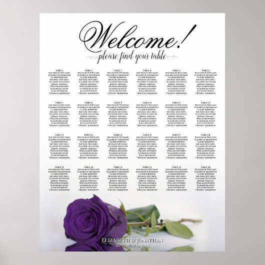 24 Tafel Royal Paars Roos Wedding Seating Chart Poster (Voorkant)