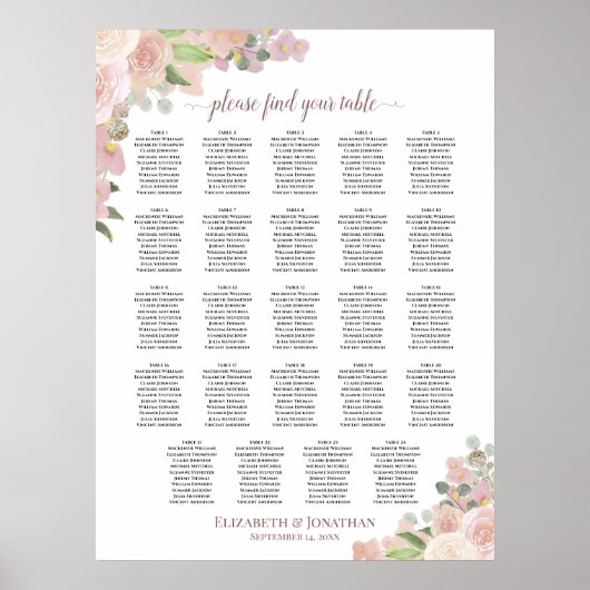 24 Tafel Roze Floral Wedding Seating Chart Poster (Voorkant)