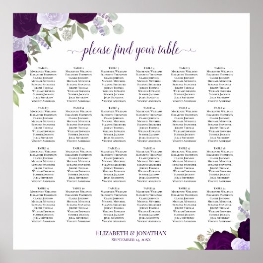 24 Tafel Rustic Paarse Rozen Trouw Zittijd Chart Poster (Voorkant)