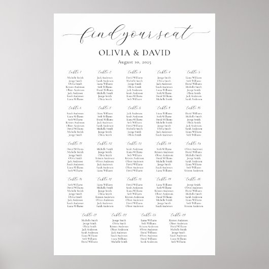 24 Tafels Eenvoudig Vind uw zitplaatskaart Poster (Voorkant)