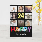 24e Gelukkige Verjaardag Fotocollage Modern Zwart Kaart (Gele Bloem)