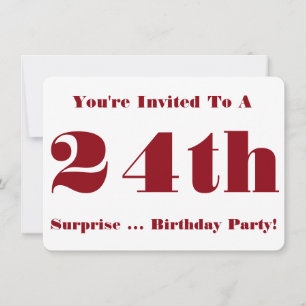24e Surprise Birthday party Invite, red and white Kaart