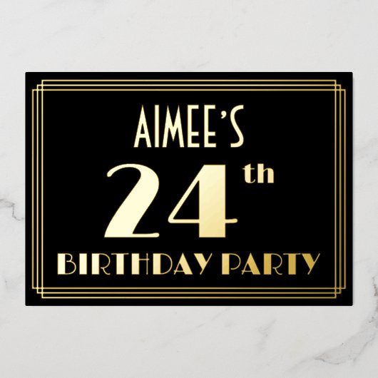 24e verjaardag: Art Deco Kijk "24", met naam Folie Uitnodiging (Voorkant)