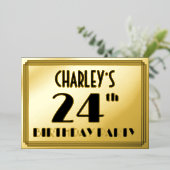 24e verjaardag — Art Deco look "24" + Naam Folie Uitnodiging (Staand Voorkant)