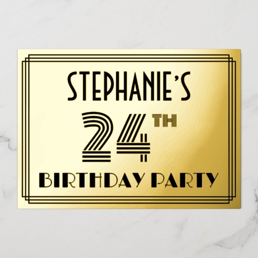 24e verjaardag — Art Deco Style "24" en naam Folie Uitnodiging (Voorkant)
