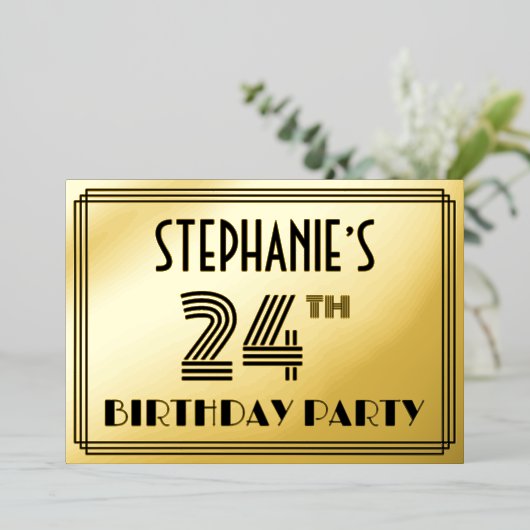 24e verjaardag — Art Deco Style "24" en naam Folie Uitnodiging (Staand Voorkant)