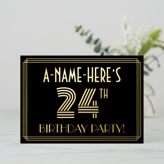 24e verjaardag — Art Deco Style "24" + Naam Folie Uitnodiging (Staand Voorkant)