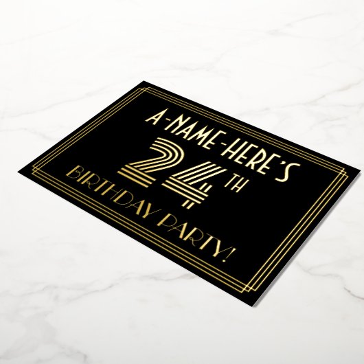 24e verjaardag — Art Deco Style "24" + Naam Folie Uitnodiging (Gedraaid)