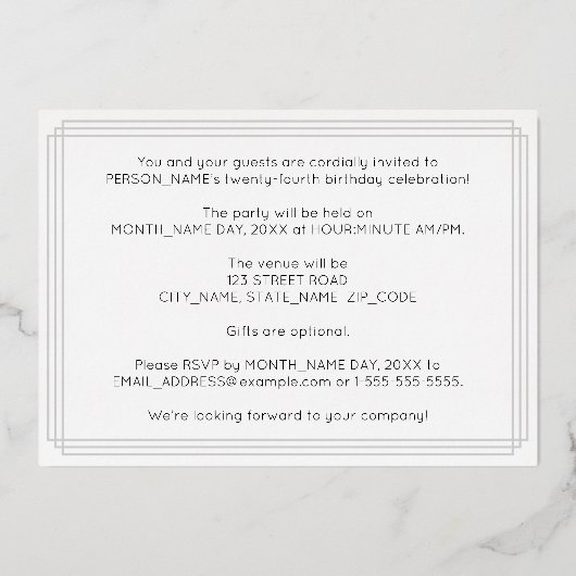 24e verjaardag — Art Deco Style "24" + Naam Folie Uitnodiging (Achterkant)