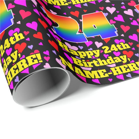 24e verjaardag: Beeldende hartenpatronen, regenboo Cadeaupapier (Rol Hoek)