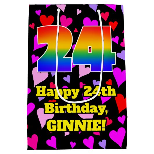 24e verjaardag: Beeldende hartenpatronen, regenboo Medium Cadeauzakje (Achterkant)