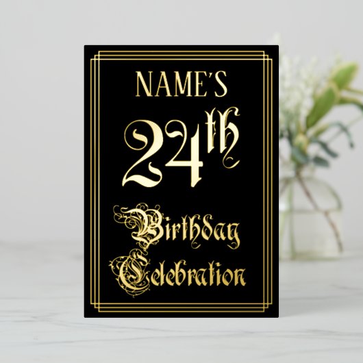 24e verjaardag — Fancy script en aangepaste naam Folie Uitnodiging (Staand Voorkant)