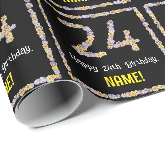 24e verjaardag: Floral Flowers Number, Custom Name Cadeaupapier (Rol Hoek)