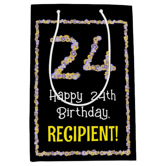 24e verjaardag: Floral Flowers Number, Custom Name Medium Cadeauzakje (Voorkant)