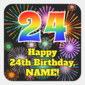 24e verjaardag: Fun Fireworks Kijk, regenboog # 24 Vierkante Sticker (Voorkant)