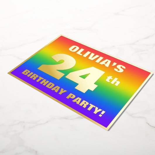 24e verjaardag: Fun, kleurrijk regenboogpatroon Folie Uitnodiging (Gedraaid)