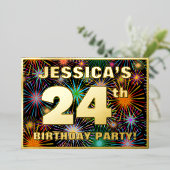 24e verjaardag — Fun, kleurrijke Fireworks look Folie Uitnodiging (Staand Voorkant)