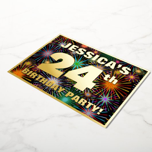 24e verjaardag — Fun, kleurrijke Fireworks look Folie Uitnodiging (Gedraaid)