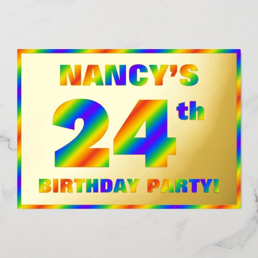 24e verjaardag - Fun, regenboogspectrum "24" Folie Uitnodiging (Voorkant)