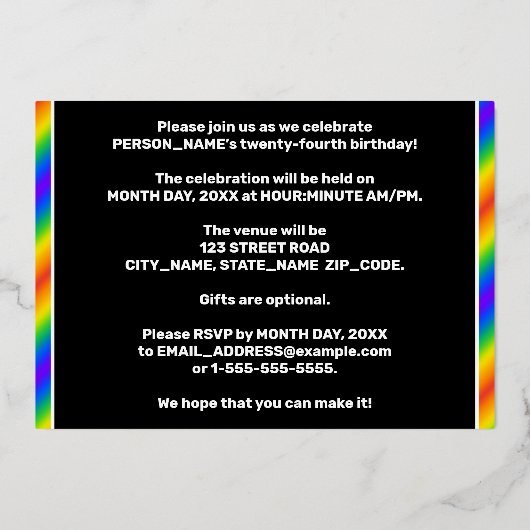 24e verjaardag - Fun, regenboogspectrum "24" Folie Uitnodiging (Achterkant)
