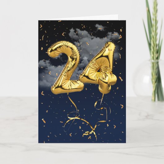 24e verjaardag Gold Mylar ballon en Confetti Card Kaart (Voorkant)