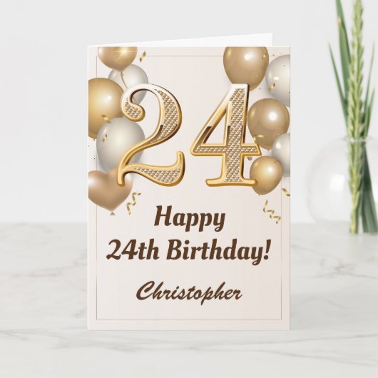 24e verjaardag goudballonnen en Confetti verjaarda Kaart (Voorkant)