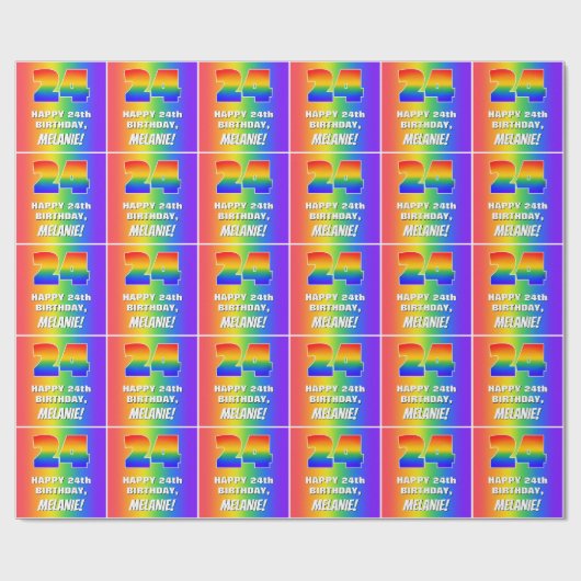 24e verjaardag: kleurrijk, vun regenboogpatroon #  cadeaupapier (Vlak)