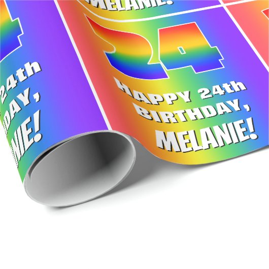 24e verjaardag: kleurrijk, vun regenboogpatroon #  cadeaupapier (Rol Hoek)