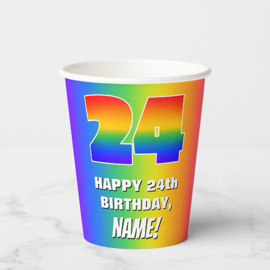24e verjaardag: kleurrijk, vun regenboogpatroon #  papieren bekers (Achterkant)
