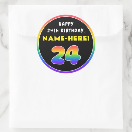 24e verjaardag: kleurrijke regenboog # 24, Naam va Ronde Sticker (Tas)