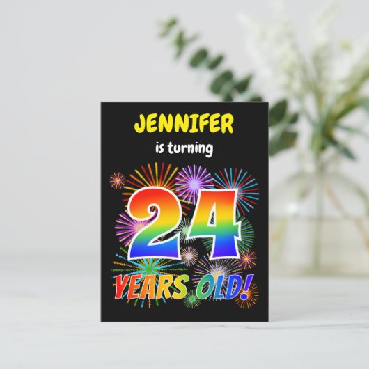 24e verjaardag - Leuk vuurwerk, Rainbow Look "24" Briefkaart (Staand voorkant)