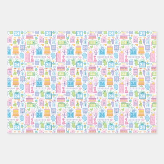 24e verjaardag Pastel Roze Cake Cadeaus Ballons Inpakpapier Vel (Voorkant)
