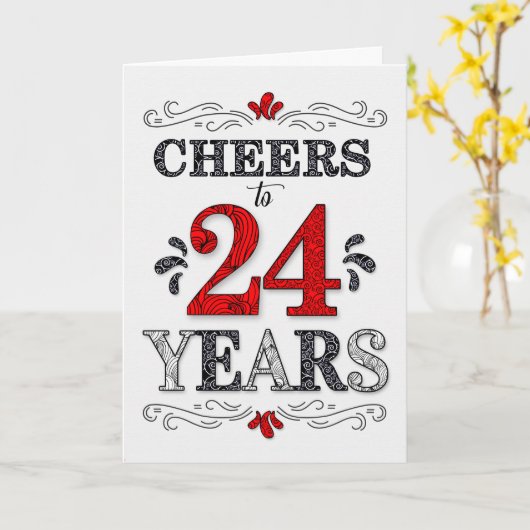 24e verjaardag Proost in rood wit zwart patroon Kaart (Gele Bloem)