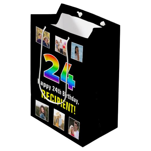 24e verjaardag: Regenboog "24", aangepaste foto's  Medium Cadeauzakje (Voorkant Gekanteld)