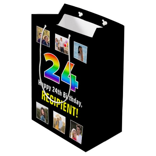 24e verjaardag: Regenboog "24", aangepaste foto's  Medium Cadeauzakje (Achterkant Gekanteld)