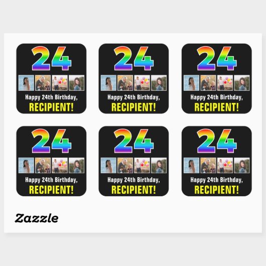 24e verjaardag: Regenboog "24"; Aangepaste foto's Vierkante Sticker (Vel)