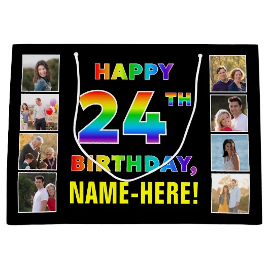 24e verjaardag: regenboogtekst, aangepaste foto's  groot cadeauzakje (Voorkant)