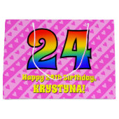 24e verjaardag: roze strips & harten, regenboognr. groot cadeauzakje (Voorkant)