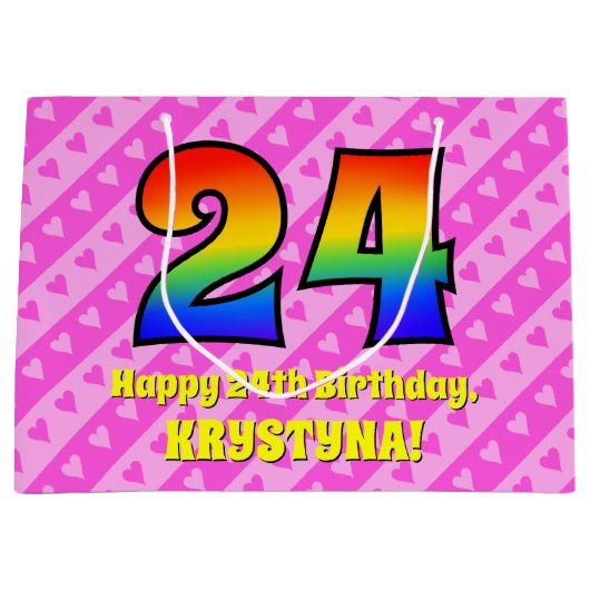 24e verjaardag: roze strips & harten, regenboognr. groot cadeauzakje (Voorkant)