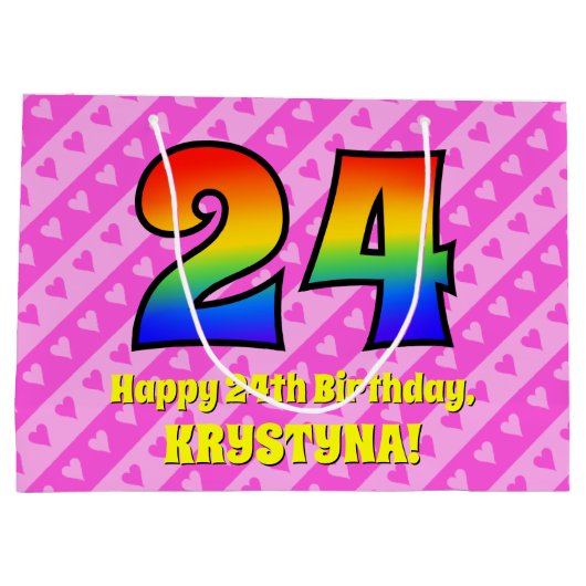 24e verjaardag: roze strips & harten, regenboognr. groot cadeauzakje (Achterkant)