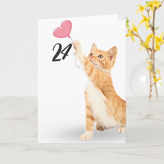 24e verjaardag tabby kat met hartballon kaart (Gele Bloem)